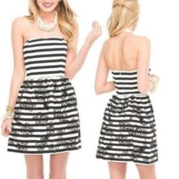 Lilly Pulitzer Payton Black White Swizzle Stripe Embroidered Dress Size 0